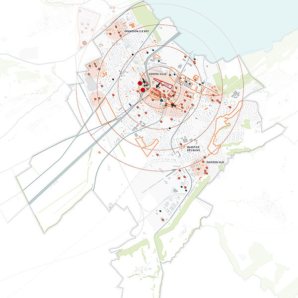 Illustration des commerces dans les différentes zones d'Yverdon-les-Bains tel que le centre-ville, le quartier des Bains, Yverdon-Sud et Grandson / le Bey