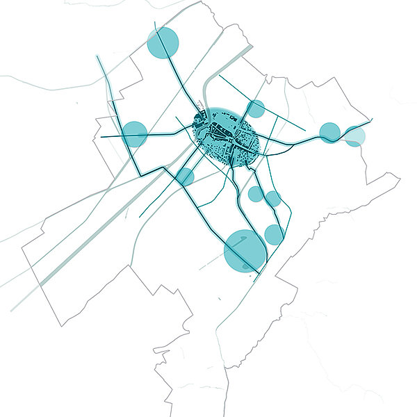 Illustration du concept des pôles spécialisés avec le centre-ville dans la ville d'Yverdon-les-Bains