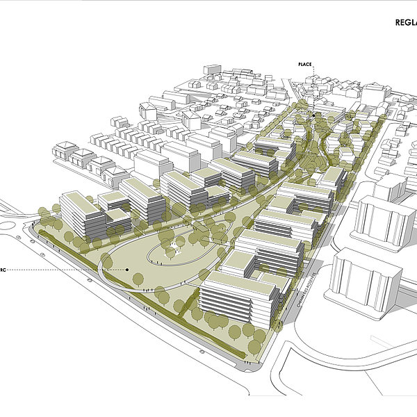 © Perspectives : Archilab – Gabriele Rossi SA – Vue perspective depuis la ville du Plan de quartier les Roseyres